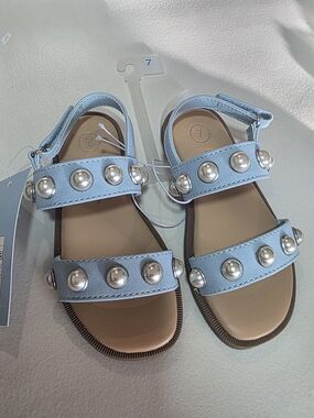 Cat & Jack Girls' Blue Silver Studded Strappy Sandals, Buckle, Size 7